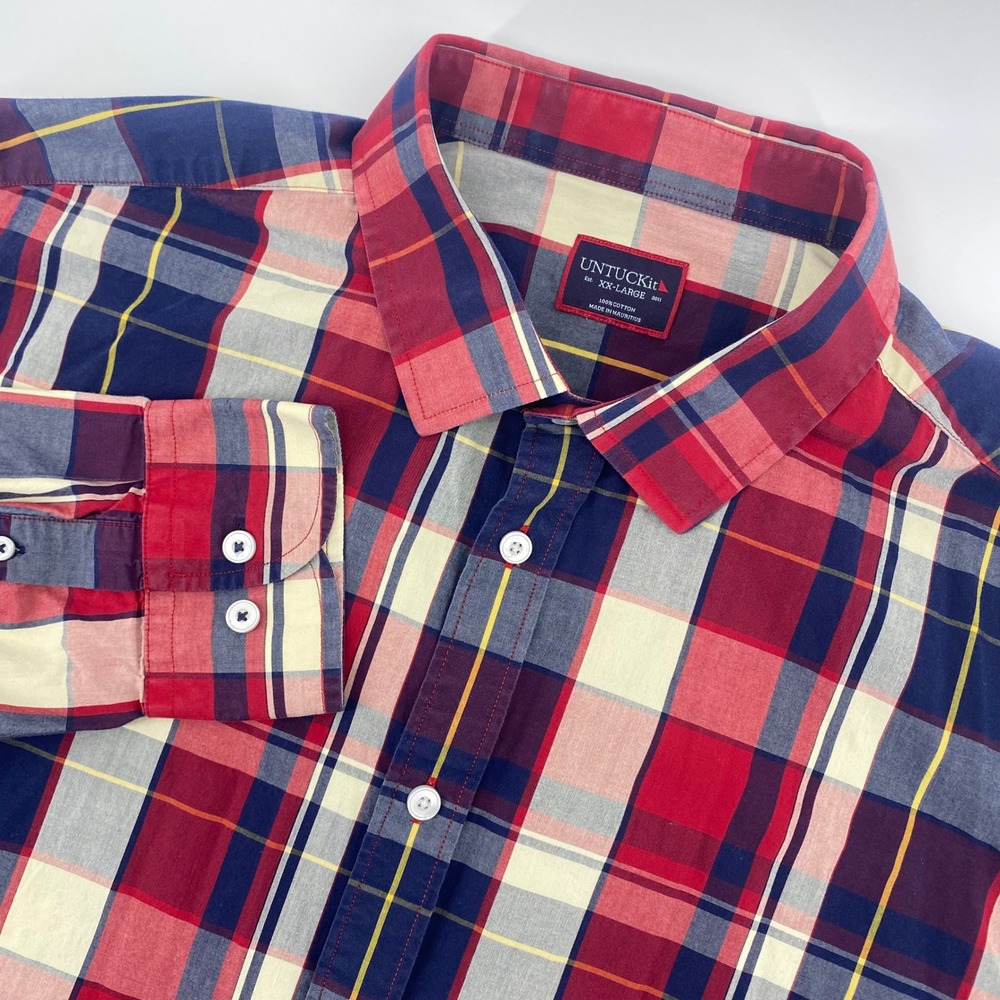 UNTUCKit Brandford Shirt Mens XXL Navy Red Plaid Cotton Button Down